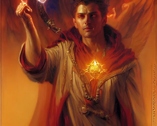 Image similar to attractive male deity, casting demonic magic, summoning handsome lucifer morning star. highly detailed painting by gaston bussiere, craig mullins, j. c. leyendecker 8 k