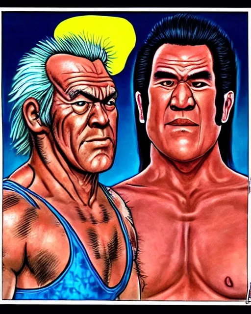 Image similar to incredible realistic antonio inoki vs ric flair, ( hyperreal detailed facial features and uv lighting, art by ed roth and basil wolverton )