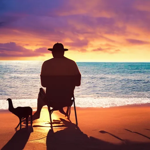 Image similar to a man sitting on the beach, drinking a bottle of bird-dog whiskey at sunset. High detail, 4k