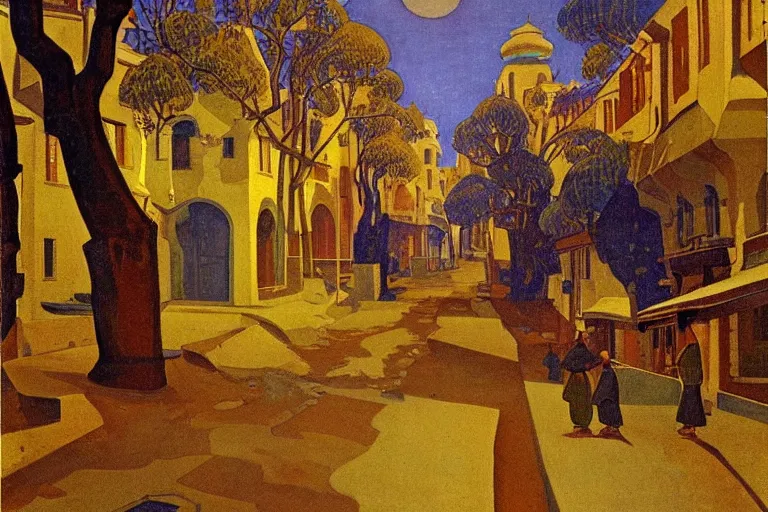 Prompt: tree-lined street at midnight in a very old very beautiful city by Nicholas Roerich and Rudolf Ernst, colorful tiled architecture, strong dramatic cinematic lighting, lost civilizations, smooth, sharp focus, extremely detailed