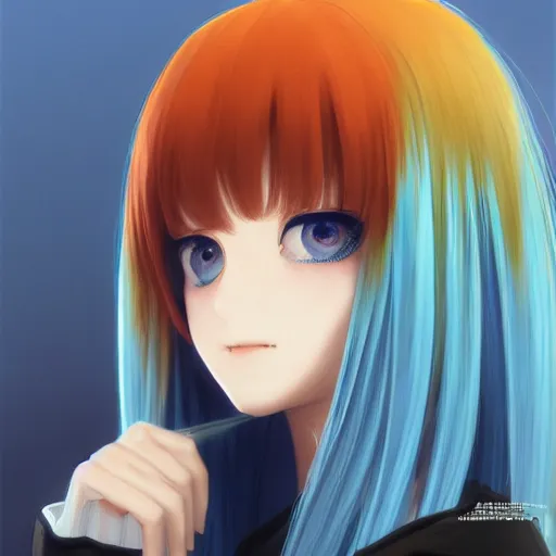 Image similar to profile shot of rimuru tempest, sky blue, straight hair, long bangs, amber eyes, wearing a black jacket with white stripes, high collar, highly detailed, unreal engine 5, digital painting, cinematic, wlop | artgerm, pixiv, yoshitaka amano, greg rutkowski, ilya kuvshinov, andy warhol