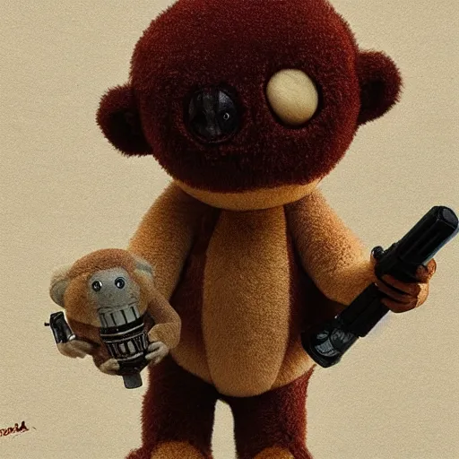 Prompt: Plush toy Cheburashka holding a lightsaber, artstation, concept art, sharp focus, illustration, art by greg rutkowski and alphonse mucha