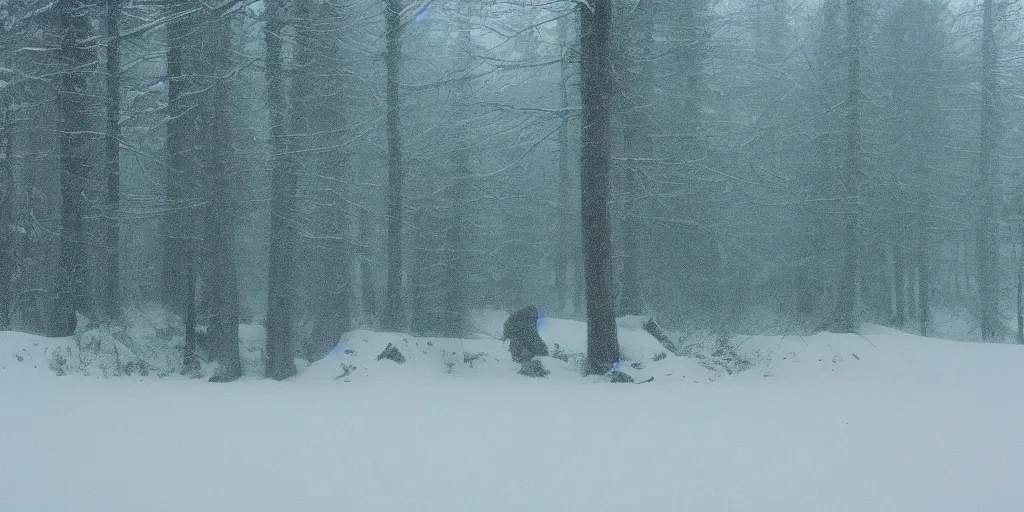 Image similar to photo, bigfoot faintly appears in the distance, barely able to be seen. cold color temperature, snow storm. hazy atmosphere. humidity haze. kodak ektachrome, greenish expired film, award winning, low contrast