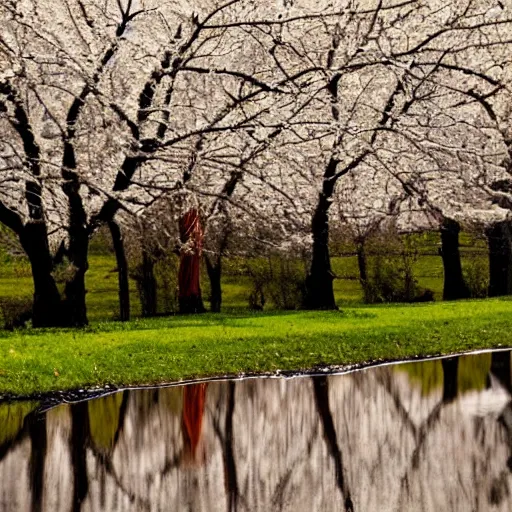 Image similar to A reflective puddle in an orchard, in the style of tomas sanchez