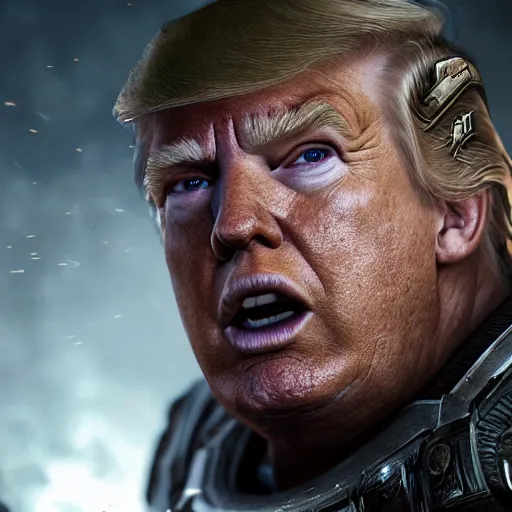 Prompt: Photo portrait of Donald Trump as Spartan in Gears of War, splash art, movie still, detailed face, photorealistic facial features, cinematic lighting, dramatic, octane render, long lens, shallow depth of field, bokeh, anamorphic lens flare, 8k, hyper detailed, 35mm film grain