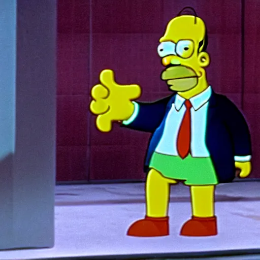 Prompt: a still of homer simpson from die hard ( 1 9 8 8 ), long shot, 1 5 0 mm