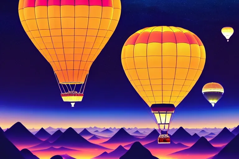 Image similar to a luminescent hot air balloon at night by paolo eleuteri serpieri and tomer hanuka and chesley bonestell and daniel merriam and tomokazu matsuyama, unreal engine, high resolution render, featured on artstation, octane, 8 k, highly intricate details, vivid colors, vector illustration