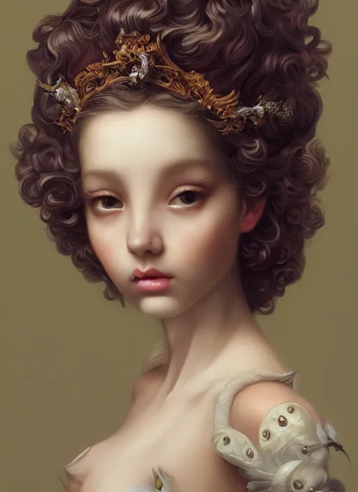 Image similar to pop surrealism, rococo, baroque hair, young female bird seductive - fine - face, pretty face, key visual, realistic shaded perfect face, fine details by stanley artgerm lau, wlop, mark ryden, trevor brown, andrei riabovitchev, marc simonetti, and sakimichan, trending on artstation