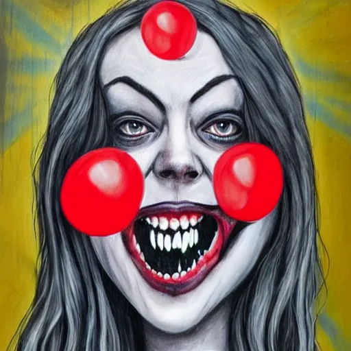 Image similar to grunge painting of billie eilish with her face split down the middle with a wide smile and a red balloon by chris leib, loony toons style, pennywise style, corpse bride style, horror theme, detailed, elegant, intricate