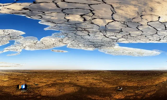 Image similar to beautiful panorama of many magnificent big upside-down raindrops in a perfect cloudless blue sky above a dried up river, desolate land, dead trees, blue sky, hot and sunny highly-detailed, elegant, dramatic lighting, artstation, 4k, cinematic landscape, masterpiece photograph by National Geographic