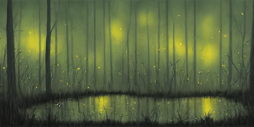 Prompt: painting of fireflies in a murky swamp, muted colors, mysterious, creepy