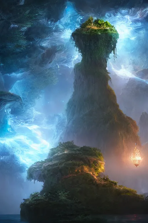 Image similar to A magical fantasy island floating through space, dramatic lighting, cinematic, establishing shot, extremely high detail, foto realistic, cinematic lighting, post processed, concept art, high details, cinematic, 8k resolution, beautiful detailed, photorealistic, digital painting, artstation, concept art, smooth, sharp focus, artstation trending, octane render, unreal engine