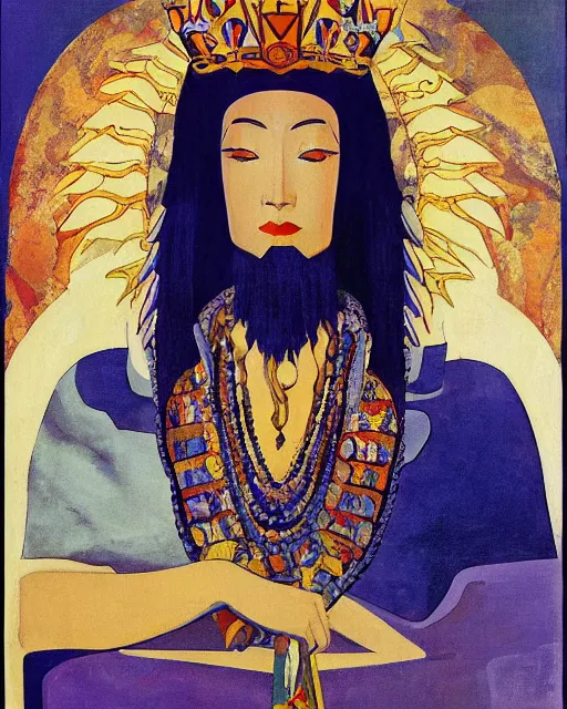 Image similar to a polish poster art representing a portrait of a queen on a carved stone throne by nicholas roerich, by gustave moreau, by james hawe, by yoshitaka amano, by georgia o keeffe, oil painting