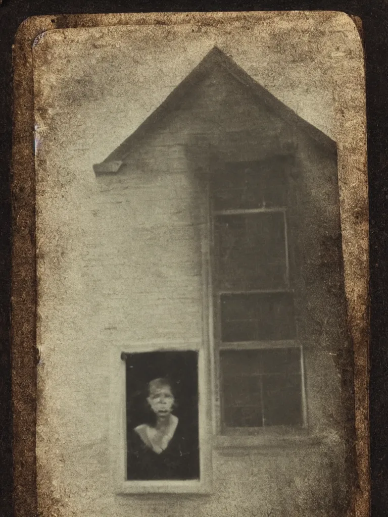 Prompt: a tintype photograph. the face of a ghost in the window of a house, next to the front door