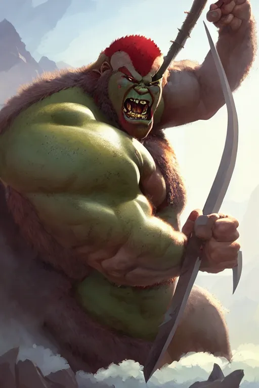 Image similar to orc barbarian male, green skin, exquisite details, big axe, earth magic, mid view, design on a white background, by studio muti, greg rutkowski makoto shinkai takashi takeuchi studio ghibli