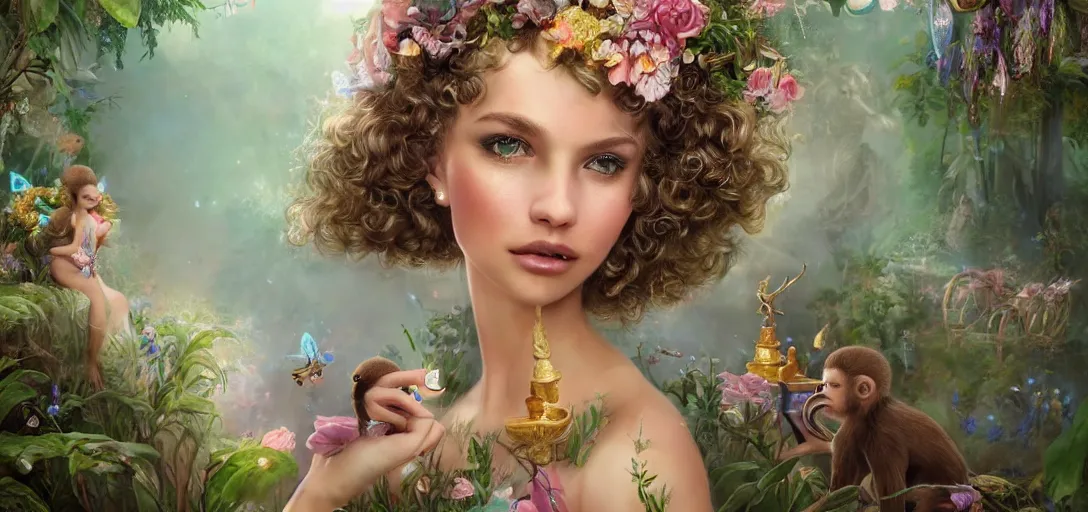 Prompt: beautiful fairy, perfect face and body, with curls, at her birthday party in a magic garden, around monkeys, diamonds and scissors, details, smooth, sharp focus, illustration, realistic, cinematic, artstation, gold, ornate, award winning, original modern artwork, rgb ethereal lighting, 8k