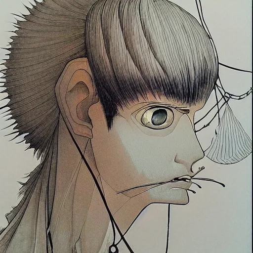 Image similar to prompt: Fragile looking vessel portrait face drawn by Katsuhiro Otomo, inspired by Dennis Ziemienski, magical and alchemical objects on the side, soft light, white background, intricate detail, intricate ink painting detail, sharp high detail, manga and anime 2000