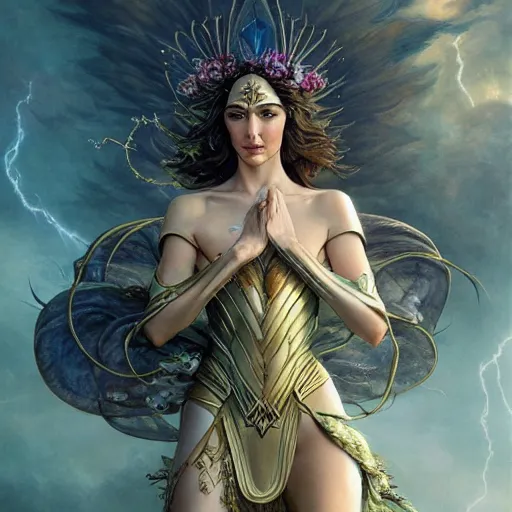 Image similar to fine art, long shot photo of the beauty goddess gal gadot, she has a crown of mesmerizing flowers, she is arriving heaven, background full of stormy clouds, by peter mohrbacher