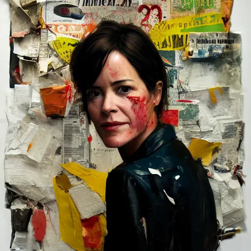 Image similar to hyperrealistic, photorealistic, mixed media oil painting of parker posey, magazine scraps, plaster, blood, oil, mustard, cigarettes, splatter, trending on artstation, award - winning painting, greg rutkowski, basquiat, ralph steadman, terry gilliam