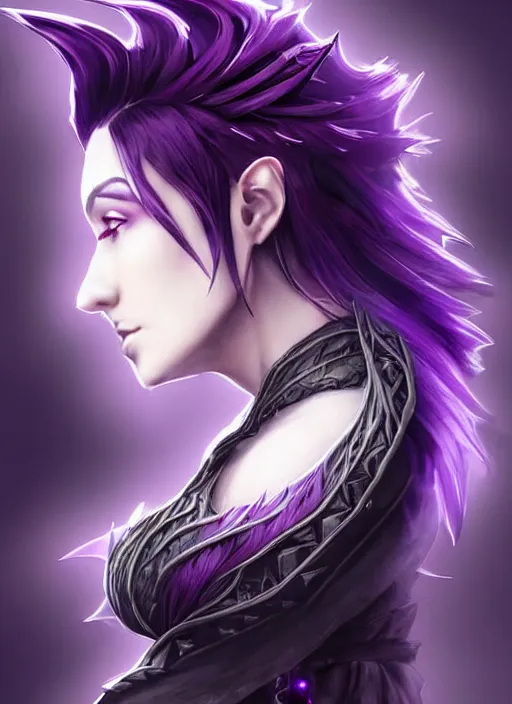 Image similar to side portrait dark witch, adventurer outfit large cloak, fantasy forest landscape, dragon scales, fantasy magic, undercut hairstyle, short purple black fade hair!!!!!!, dark light night, intricate, elegant, sharp focus, illustration, highly detailed!!!!!!!, digital painting, concept art, green neon smoke, matte painting, art by WLOP and Artgerm and Greg Rutkowski and Alphonse Mucha, masterpiece