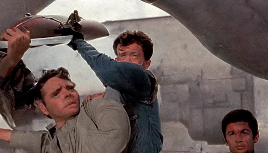 Image similar to Big budget movie scene, the hero clings to a flying nuclear missile as he tries to disarm it