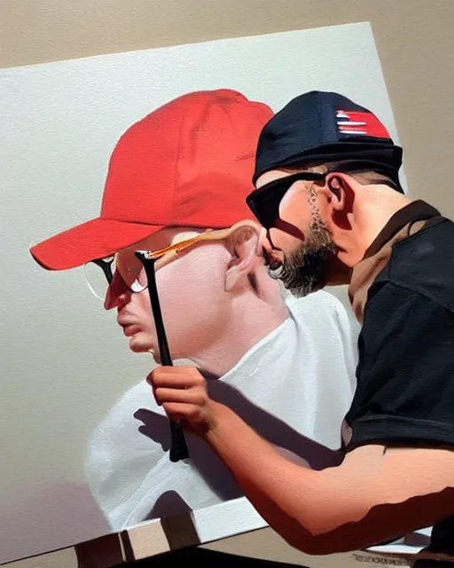 Prompt: donald trump painting the portrait of a young ducktail - bearded middle eastern american male with black wayfarer glasses and red baseball hat dressed in a spaceship pilot dress, portrait, illustration, rim light, top light, perfectly shaded, spring time, slight overcast lighting, soft painting, art by krenz cushart and wenjun lin