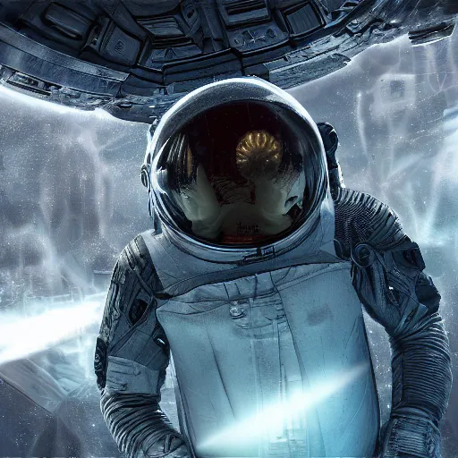 Image similar to concept art by craig mullins astronaut in futuristic dark and empty spaceship underwater. infrared complex and hyperdetailed technical suit. mandelbulb fractal. reflection and dispersion materials. rays and dispersion of light. volumetric light. 5 0 mm, f / 3 2. noise film photo. flash photography. unreal engine 4, octane render. interstellar movie art