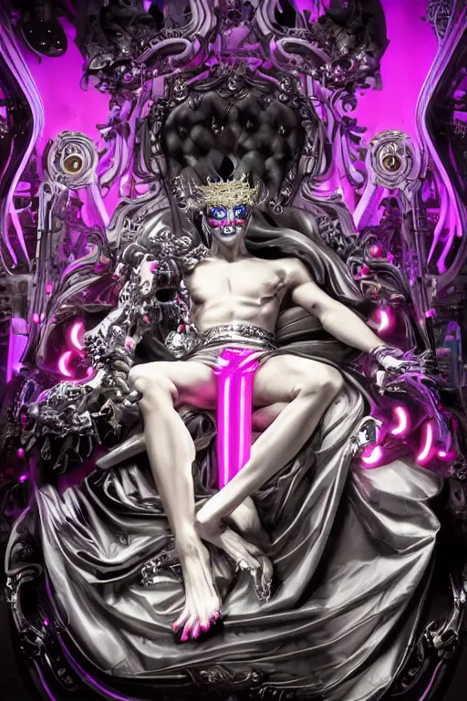Prompt: full-body rococo and cyberpunk style neon statue of a young attractive Brasileiro macho dotado android reclining sim roupa con piroca, glowing white laser eyes, prince crown of pink gears, diamonds, swirling silver-colored silk fabric. futuristic elements. full-length view. space robots. human skulls. intricate artwork by caravaggio. Trending on artstation, octane render, cinematic lighting from the right, hyper realism, octane render, 8k, depth of field, 3D