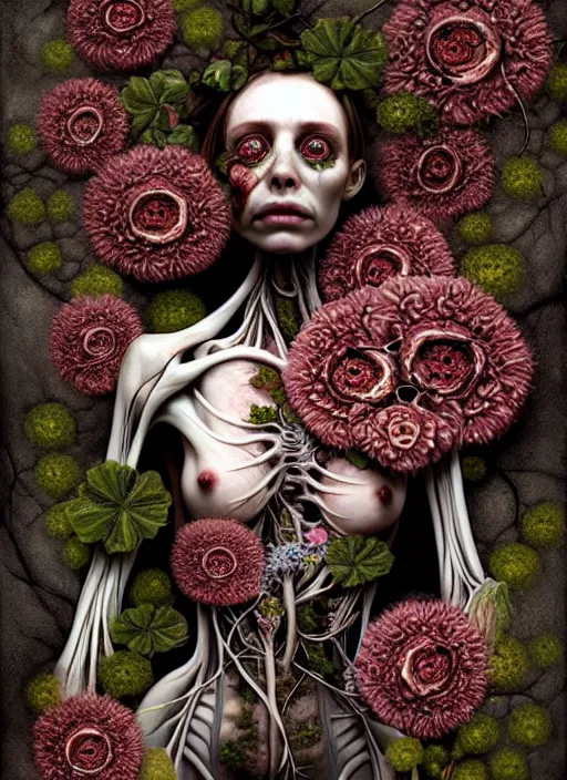 Prompt: beautiful and detailed rotten woman corpse with fractal plants and fractal flowers growing around, muscles, veins, arteries, intricate, organs, ornate, surreal, ray caesar, john constable, guy denning, dan hillier