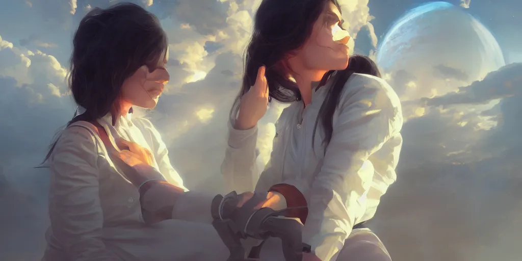 Prompt: Young Himalayan woman piloting a space shuttle, somber white eyes, long ashy hair, gentle lighting, dim lighting, digital art by Makoto Shinkai ilya kuvshinov and Wojtek Fus, digital art, concept art,