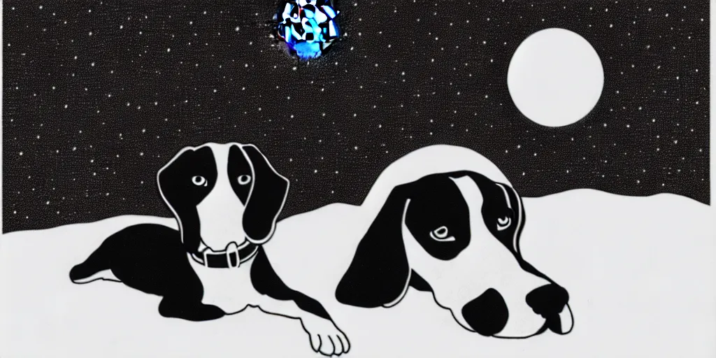 Image similar to highly detailed illustration of black beagle watching the moon