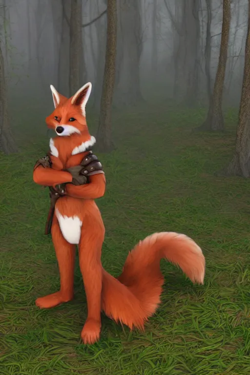 Image similar to a medieval fox furry fursona with a fluffy tail in a forest, backlighting, cgi, rendered in unreal engine, trending on artstation, cartoon, trending on furaffinity