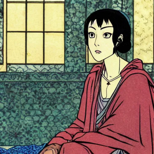 Image similar to Dido of Carthage in her palace, relaxed and candid, anime portrait by Satoshi Kon and Junji Ito