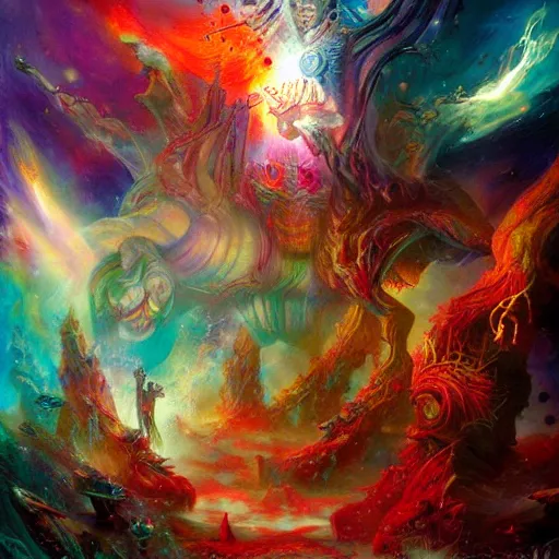 Prompt: dmt trip interdimensional beings by raymond swanland, highly detailed, bright tones