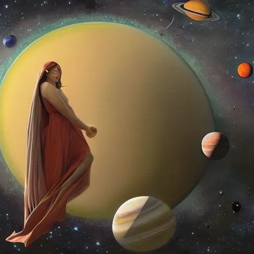 Image similar to all of the planets revolving around a giant Woman, beautiful, oil on canvas, intricate, 8k highly professionally detailed, HDR, CGsociety