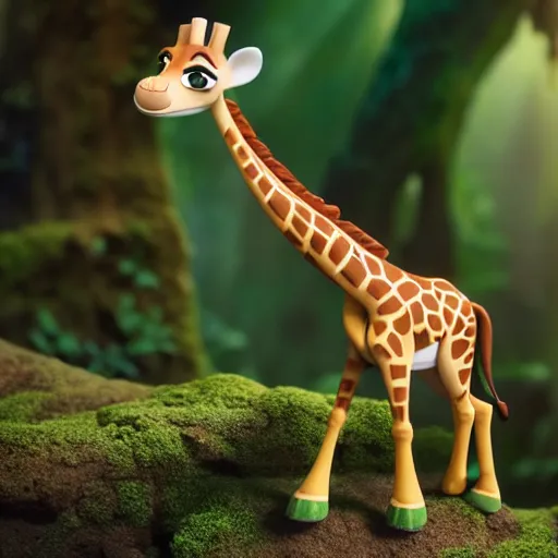 Prompt: giraffe as nendoroid walking in a jungle in the croods movie style, anime, disney, pixar, 8 k, hd, dof, kodak film, volumetric lighting, subsurface scattering, photorealistic, octane render, details