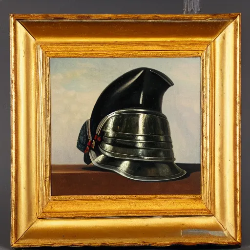 Image similar to still life oil painting of a prussian pickelhaube