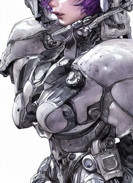 Image similar to close up portrait of a pale woman in sci - fi power armor with purple hair, powerful, domineering, stoic, masterful, intense, ultrafine hyperdetailed illustration by kim jung gi, irakli nadar, intricate linework, sharp focus, octopath traveler, yoji shinkawa, highly rendered, detailed, concept art