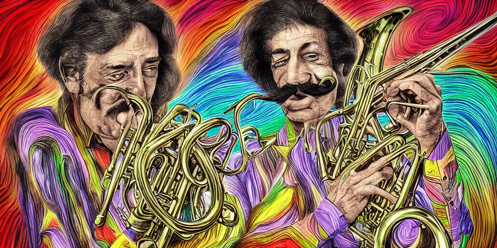 Image similar to highly detailed digital artwork of a psychedelic dingoman with a salvador dali mustache. he is playing the trumpet.