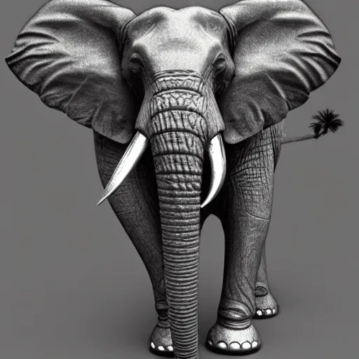 Prompt: an elephant holding a golden sword with his mouth, 1 bit render, strictly 1 bit, grey scale.