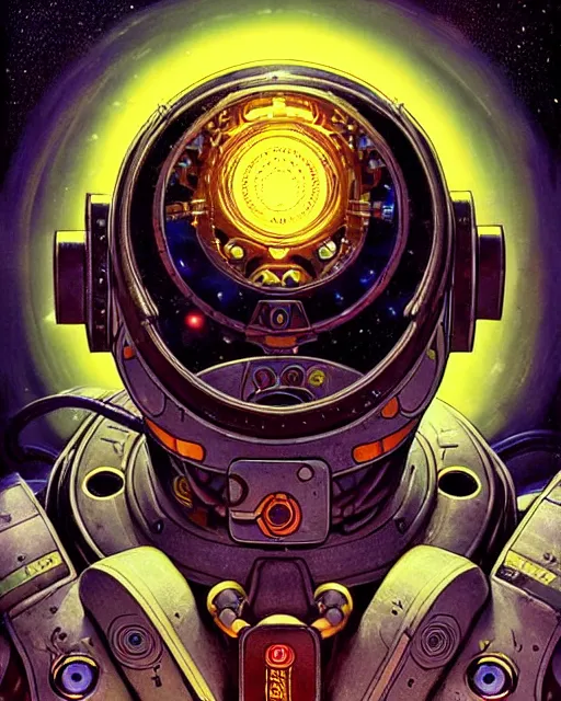 Image similar to zenyatta from overwatch, nine robot eyes, character portrait, portrait, close up, concept art, intricate details, highly detailed, vintage sci - fi poster, retro future, in the style of chris foss, rodger dean, moebius, michael whelan, and gustave dore