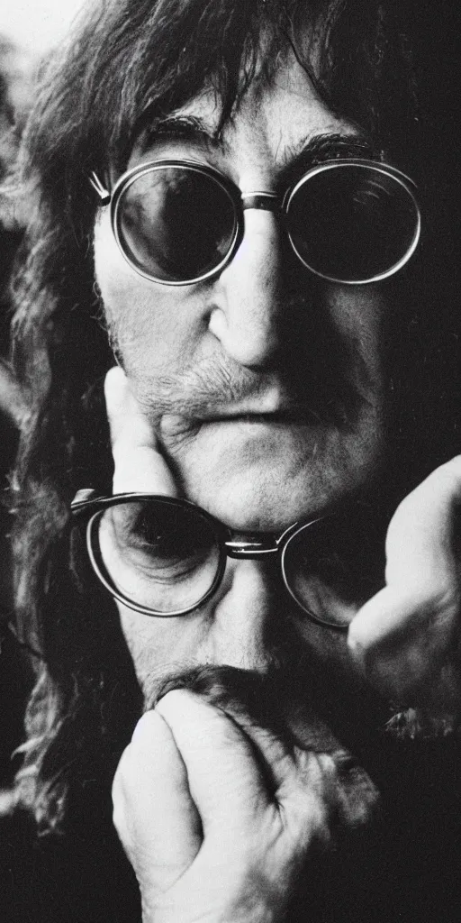 Image similar to john lennon merged with dr. zoidberg close - up portrait photograph, soft focus, f / 2. 8, dark bg, photo by annie annie leibovitz