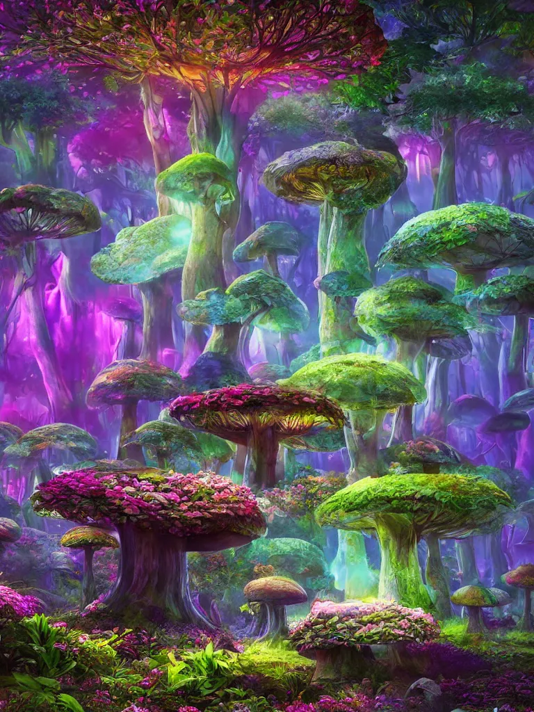 Image similar to a beautiful otherworldly fantasy landscape of giant mushroom trees forming canopies over bright colorful mythical floral plants, like alice in wonderland, rendering, cryengine, deep glowing color, blue and purple and green colors, vray render, cinema 4 d, cgsociety, bioluminescent