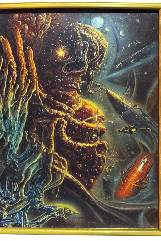 Image similar to space horror by jack vance, mike mignogna, highly detailed, vintage dark sci fi, oil painting