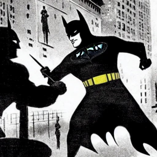 Image similar to old black and white photo, 1 9 2 5, depicting batman fighting a al capone in an ally of new york city, rule of thirds, historical record