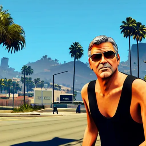 Image similar to george clooney in gta v. los santos in background, palm trees in the art style of stephen bliss