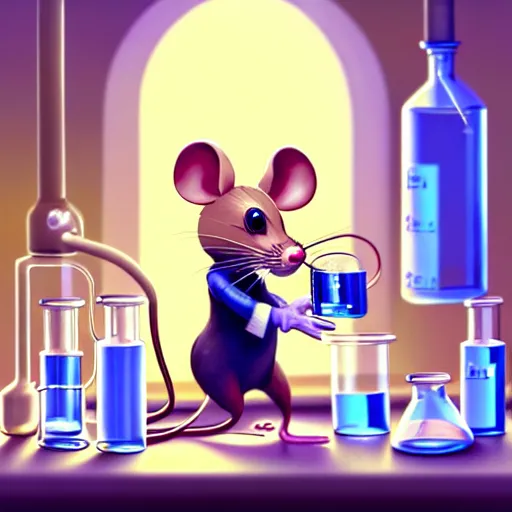 Image similar to anthropomorphic mouse performing a chemistry experiment, in a cluttered lab, lots of beakers, illustration, cyberpunk, sci - fi fantasy, intricate, elegant, highly detailed, digital painting, pastel colors, artstation, concept art