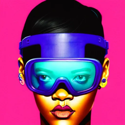 Image similar to Rihanna wearing opaque reflective goggles profile picture by Greg Rutkowski, asymmetrical, futuristic, volumetric lights, streetwear, studio ghibli, Organic Painting , Matte Painting, geometric shapes, hard edges, street art, trending on the artstation, fantasy LUT, realistic by Sachin Teng + Martin Grip + Moebius + Patrick Gleason, smooth, sharp focus, illustration, art by John Collier and Albert Aublet and Krenz Cushart and Artem Demura and Alphonse Mucha, techwear, Industrial Scifi, detailed illustration, character portrait,