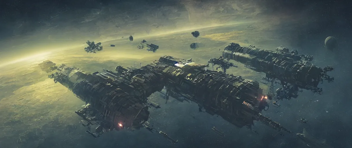 Image similar to illustration, a single scouting spaceship, deep space exploration, the expanse tv series, industrial design, space travel, intergalactic, cinematic lighting, 4k, greebles, widescreen, wide angle, beksinski, sharp and blocky shapes, deep palette