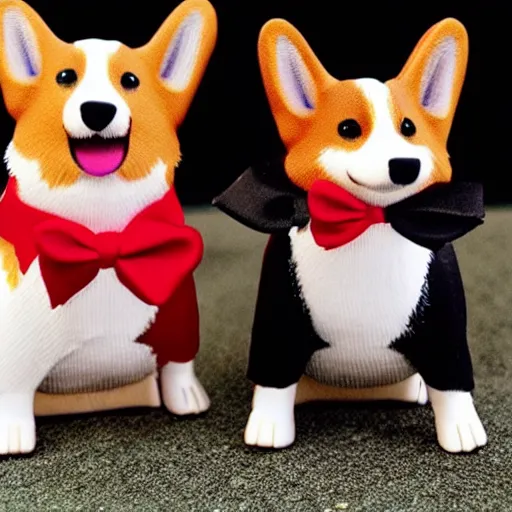 Prompt: corgi wearing a black tuxedo and a red tie